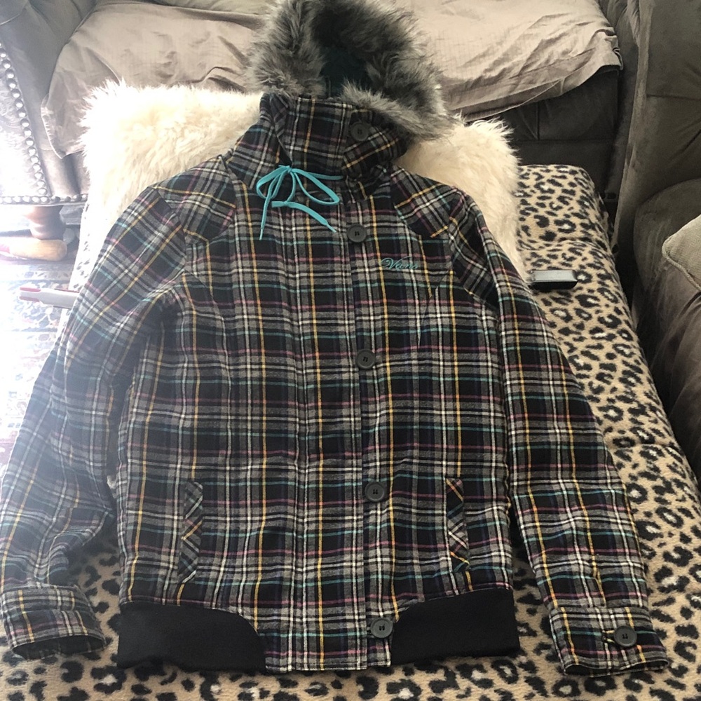 Vans Black Plaid Jacket with Multicolor Tartan and Faux Fur Hood